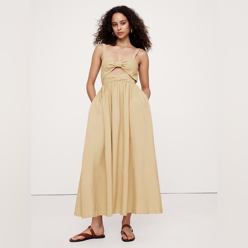 Banana Republic Viscose Linen Dupioni Bow Front Maxi Dress Yellow 16 Tall $250